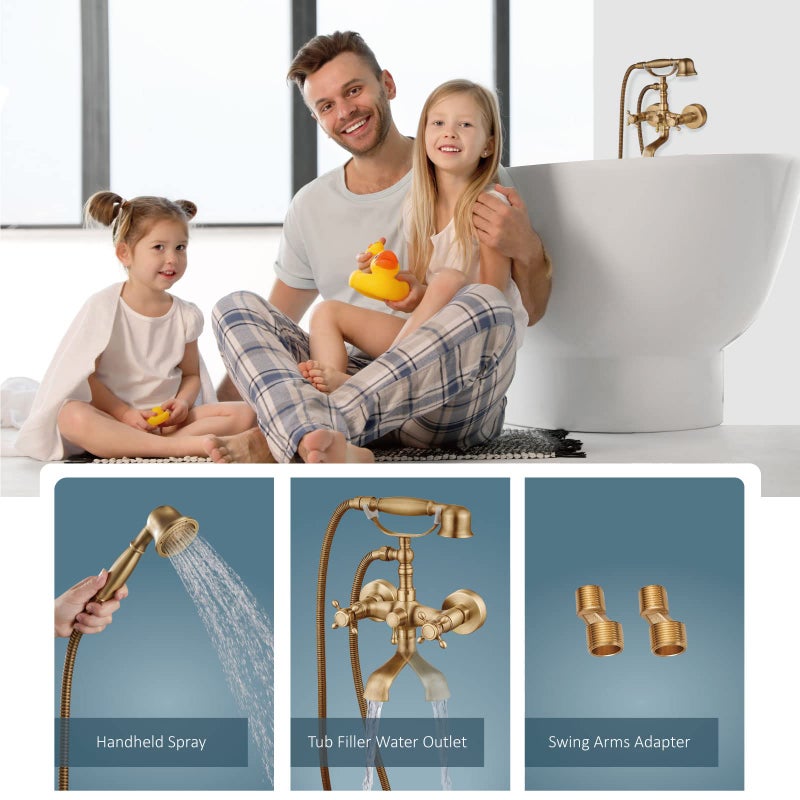 Aolemi Wall Mount Bathtub Faucet with Handheld Sprayer Antique Brass Tub Shower Faucet Vintage Double Cross Handle Swivel Spout Mixer Tap for Bathroom Telephone Shaped Shower Kit - Image 2